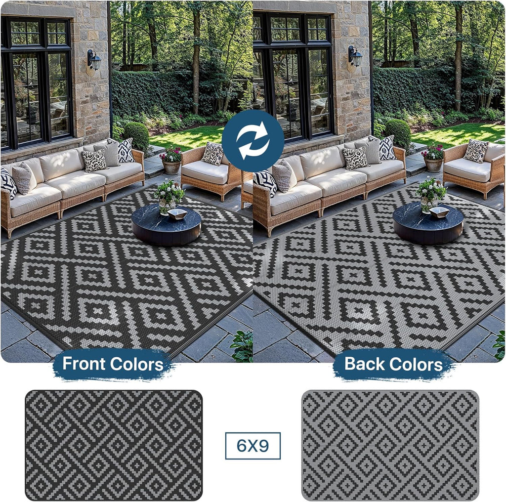 Outdoor Rug Garden Rugs Waterproof Reversible Recycled Outdoor Carpet Washable UV Resistant Modern Area Rugs for Patios, Picnic, Backyard, 180X275Cm, Black & Grey