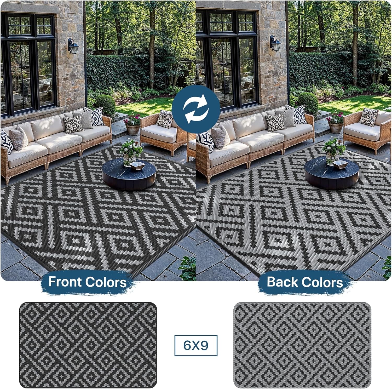 Outdoor Rug Garden Rugs Waterproof Reversible Recycled Outdoor Carpet Washable UV Resistant Modern Area Rugs for Patios, Picnic, Backyard, 180X275Cm, Black & Grey