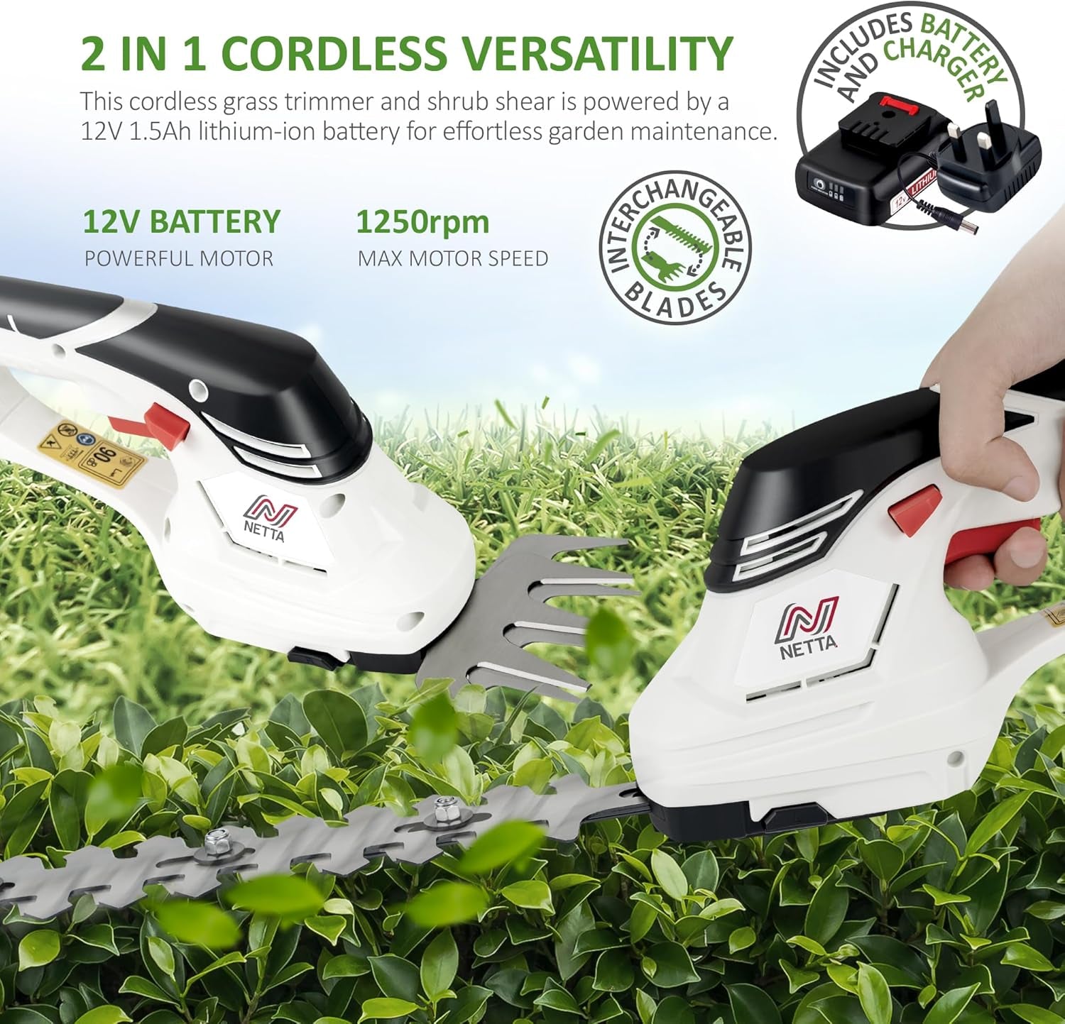 2-In-1 Cordless Hedge Trimmer & Grass Shear - 12V Battery Powered Trimmer with 1500Mah Lithium-Ion Battery - Garden Shears & Shrub Shear - Lightweight Handheld Electric Trimmer