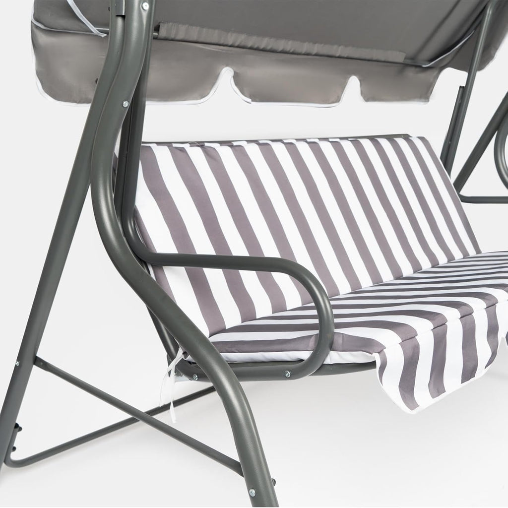 Garden Swing Bench, 3 Seater Swing Seat Outdoor with Adjustable Canopy & Cushioned Seats Relaxing Comfy Outdoor Patio Hammock Bench, Grey/White Stripe