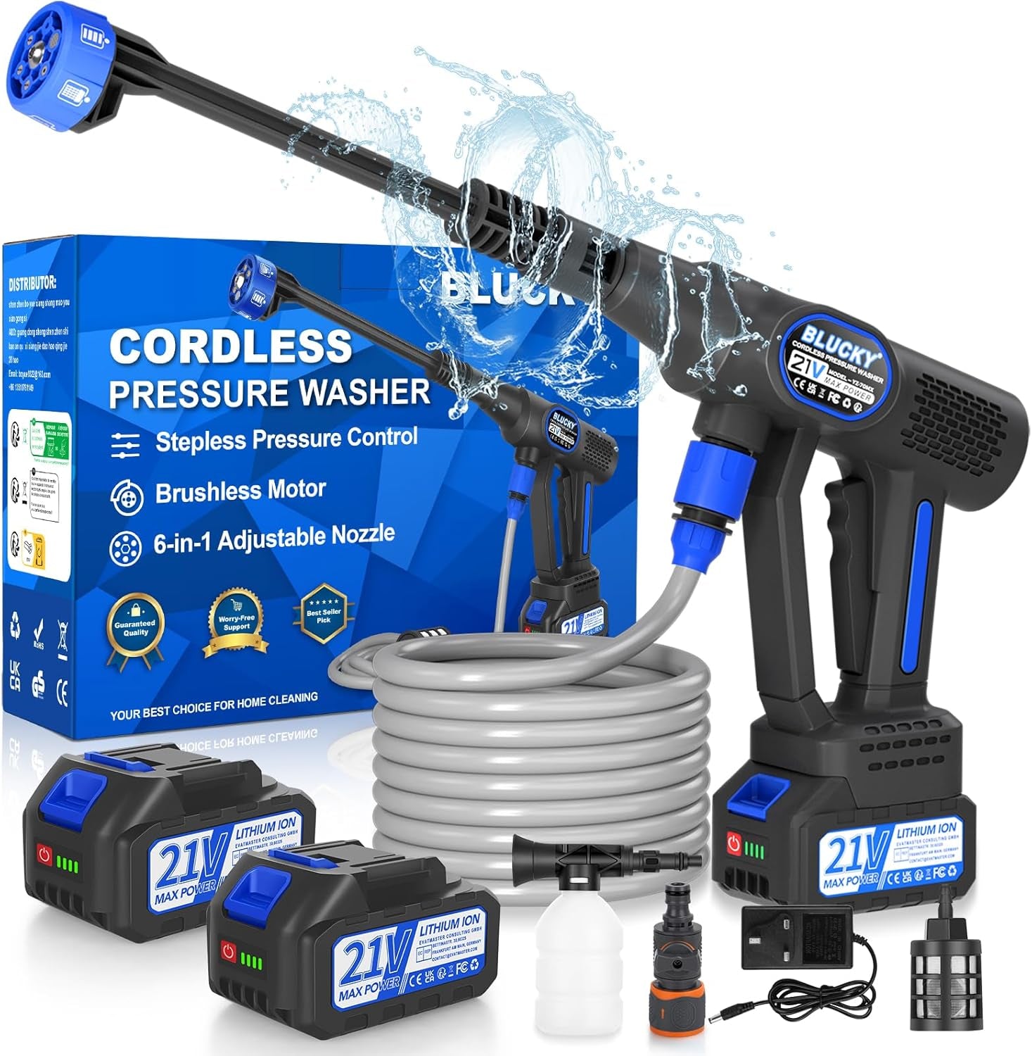 Cordless Pressure Washer, 6 in 1 Portable Power Washer with Trigger-Controlled Variable Pressure, Cordless Power Washer with 2 Battery, Battery Pressure Washer with 5M for Car/Floor/Garden Cleaning