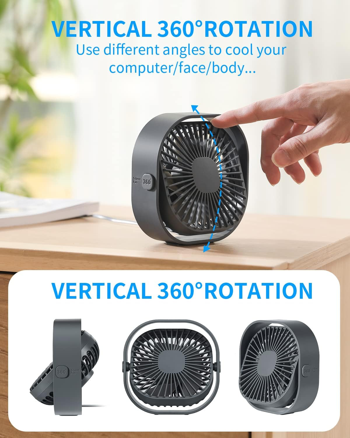 Desk Fan USB Small Fans for Desktop Table Bedside, Mini Desk Accessories for Home Office Bedroom Car Greenhouse Kitchen, Powerful Silent Bed Fan, 3 Speeds Wind Strong Airflow to Dog Crate Greenhouse