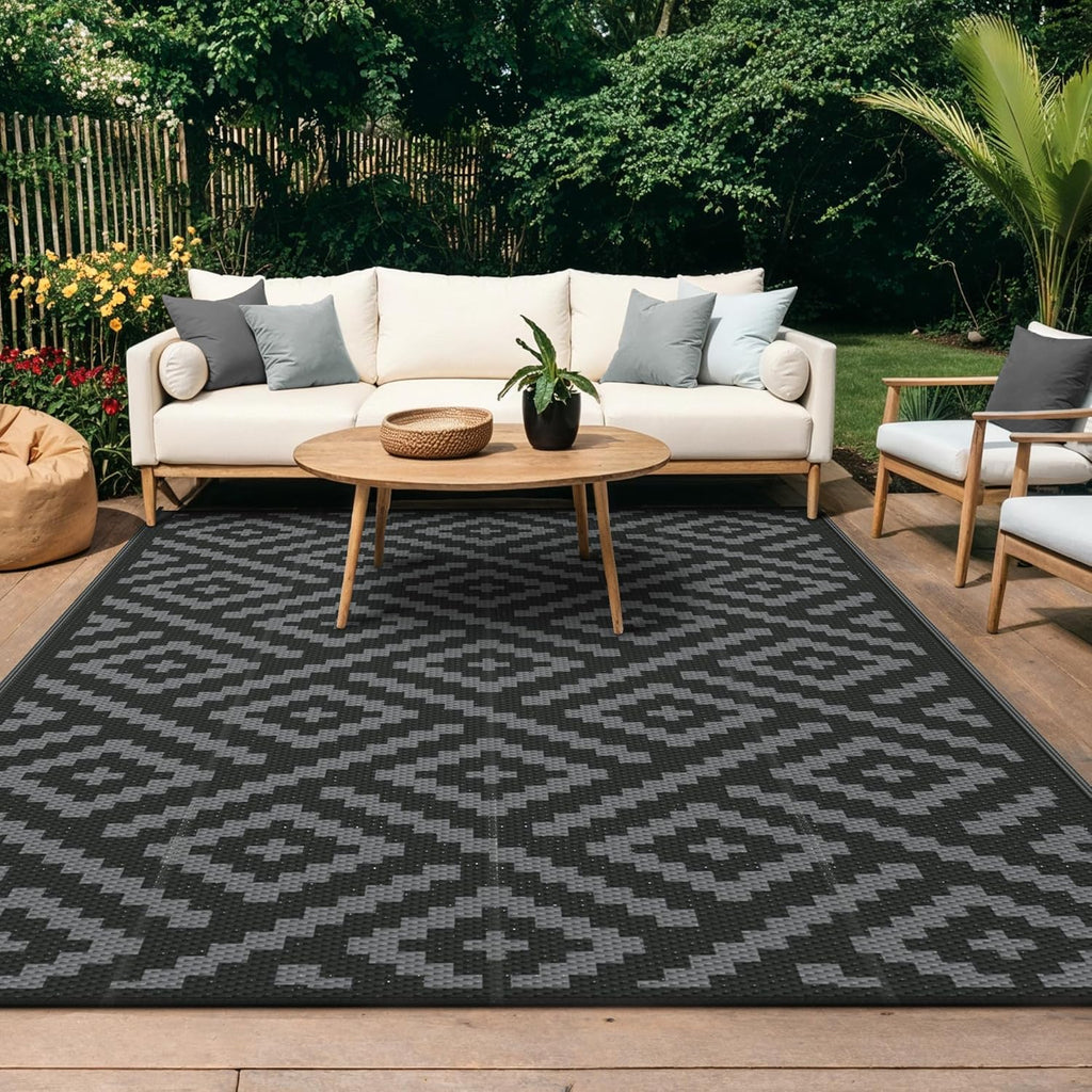Outdoor Rug Garden Rugs Waterproof Reversible Recycled Outdoor Carpet Washable UV Resistant Modern Area Rugs for Patios, Picnic, Backyard, 180X275Cm, Black & Grey
