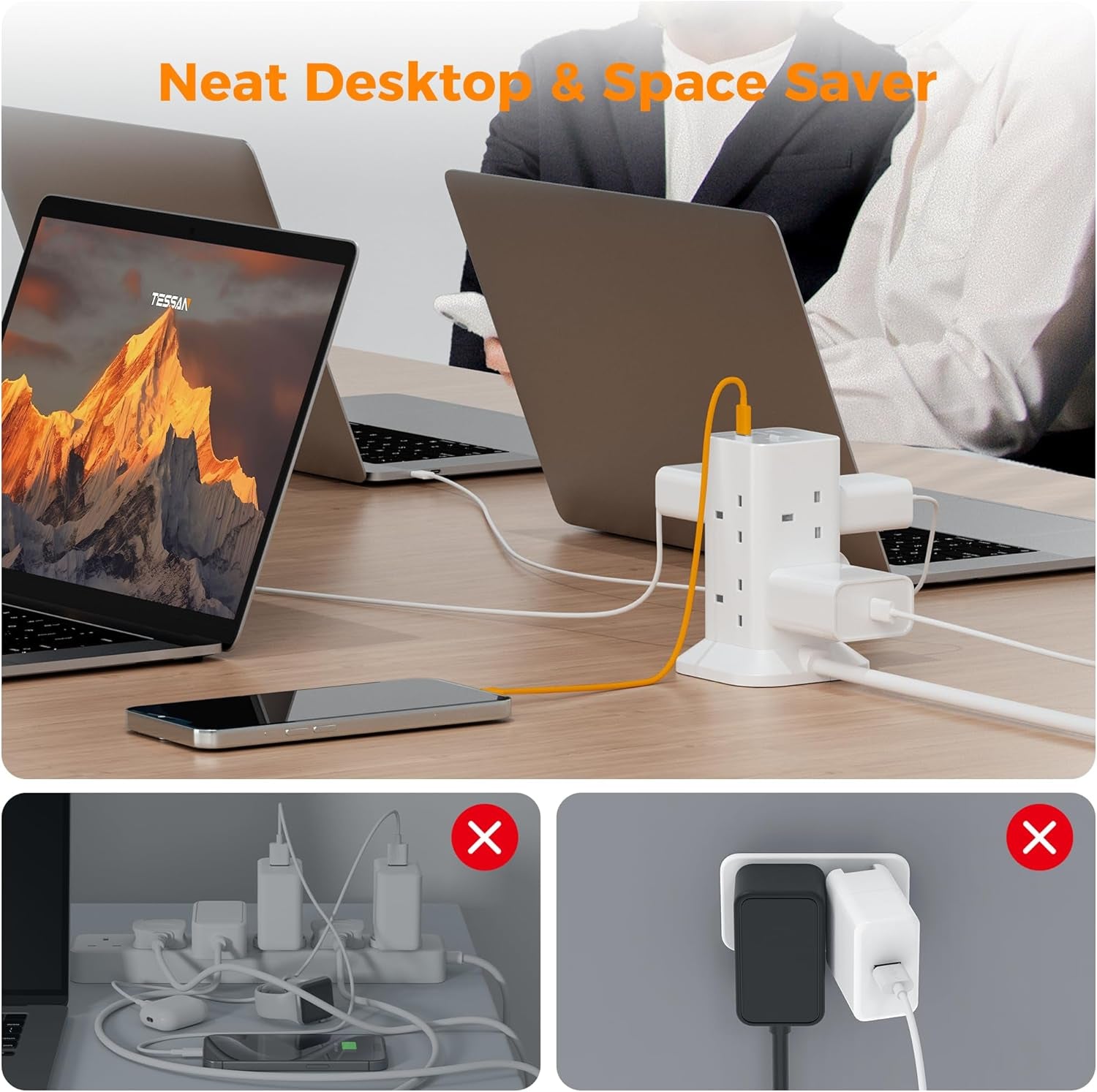 Tower Extension Lead with USB C Slots, 8 Way Plug Extension Socket with Switch, Surge Protected Power Strip with 2M Cable for Home, School Supplies