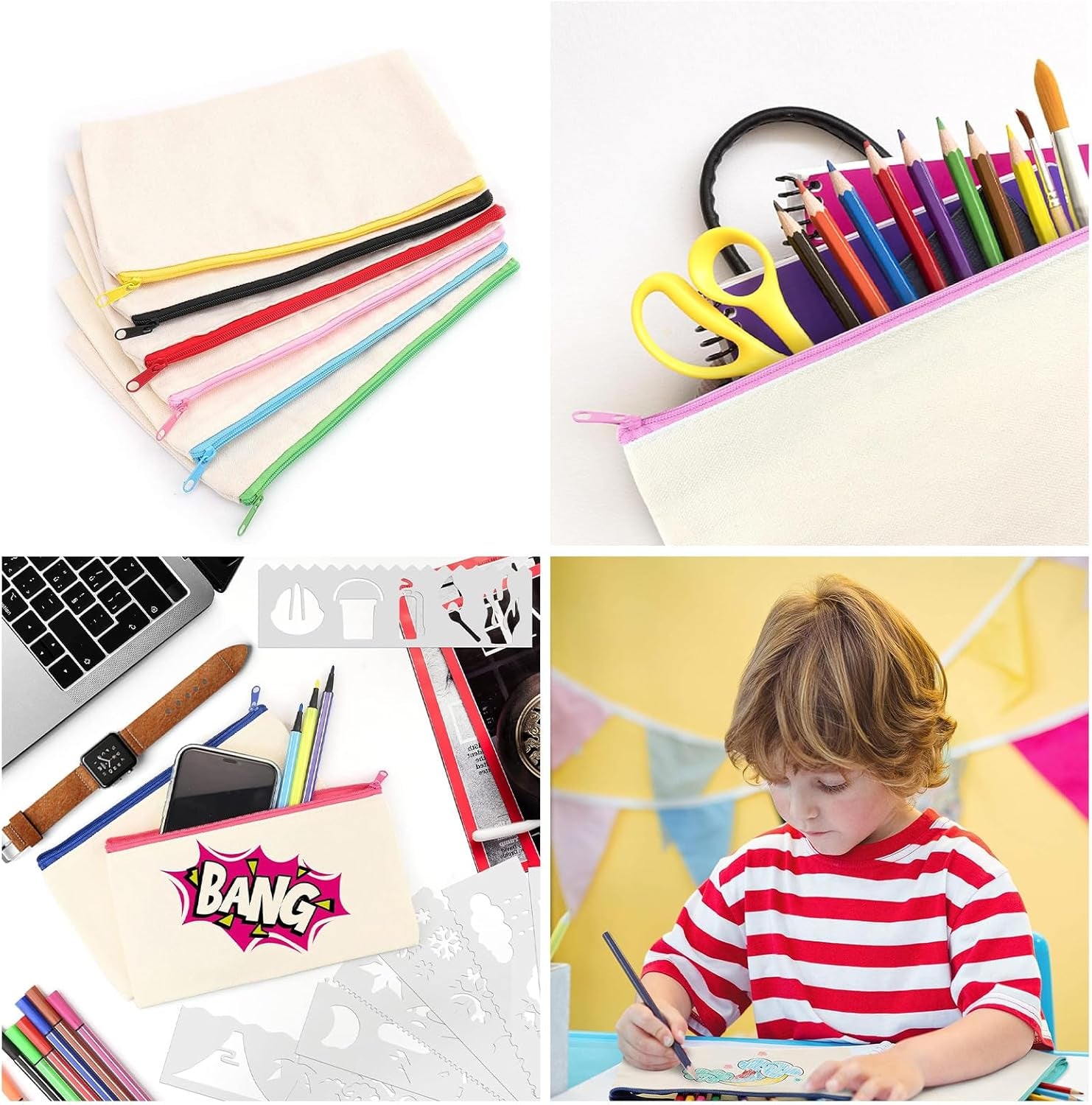 DIY Blank Fabric Bag,12 Pieces Pencil Case for Painting,Bag for Painting Children,Canvas Cosmetic Bag, Pencil Case for Work School Travelling, 21 X 12 Cm