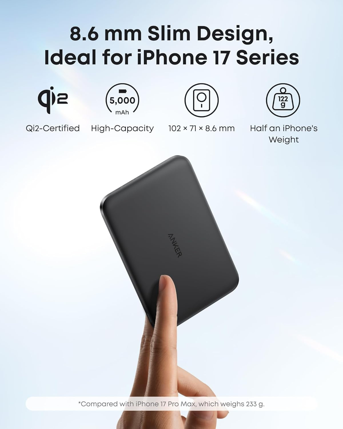 Nano Power Bank, Ultra-Slim 5,000Mah Magnetic Battery Pack, Qi2 Certified 15W Max Ultra-Fast Magsafe-Compatible Portable Charger, Ergonomic Design, for Iphone Air/17/16/15 Series (Not for Pixel)