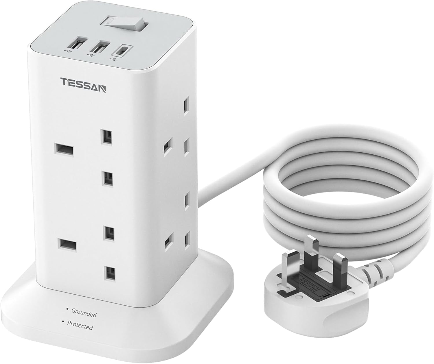 Tower Extension Lead with USB C Slots, 8 Way Plug Extension Socket with Switch, Surge Protected Power Strip with 2M Cable for Home, School Supplies