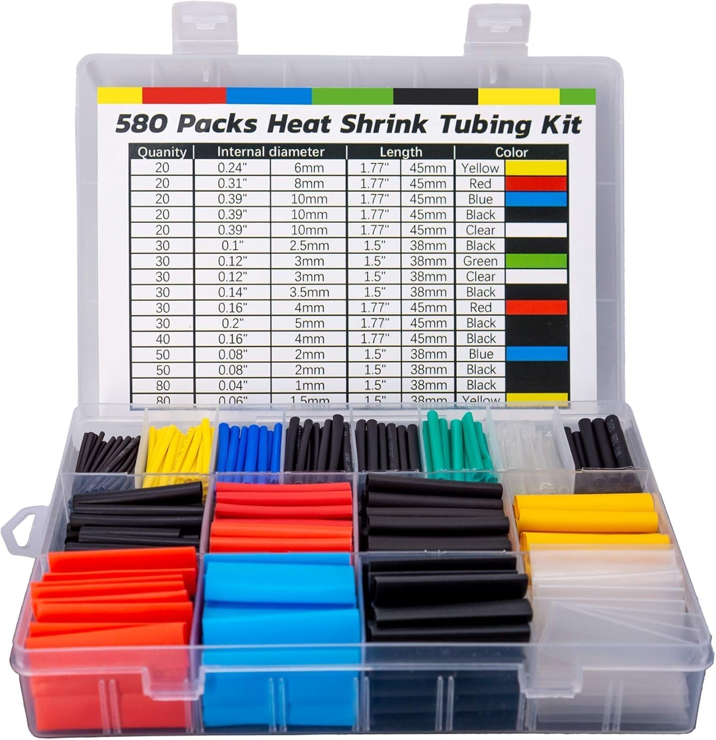 Heat Shrink Tubing Set - 580 Pieces High Quality EVA Material in 6 Colors and 11 Sizes - Ideal for Electrical Insulation, Repairs and Wire Connectors with User-Friendly Design and Storage Case