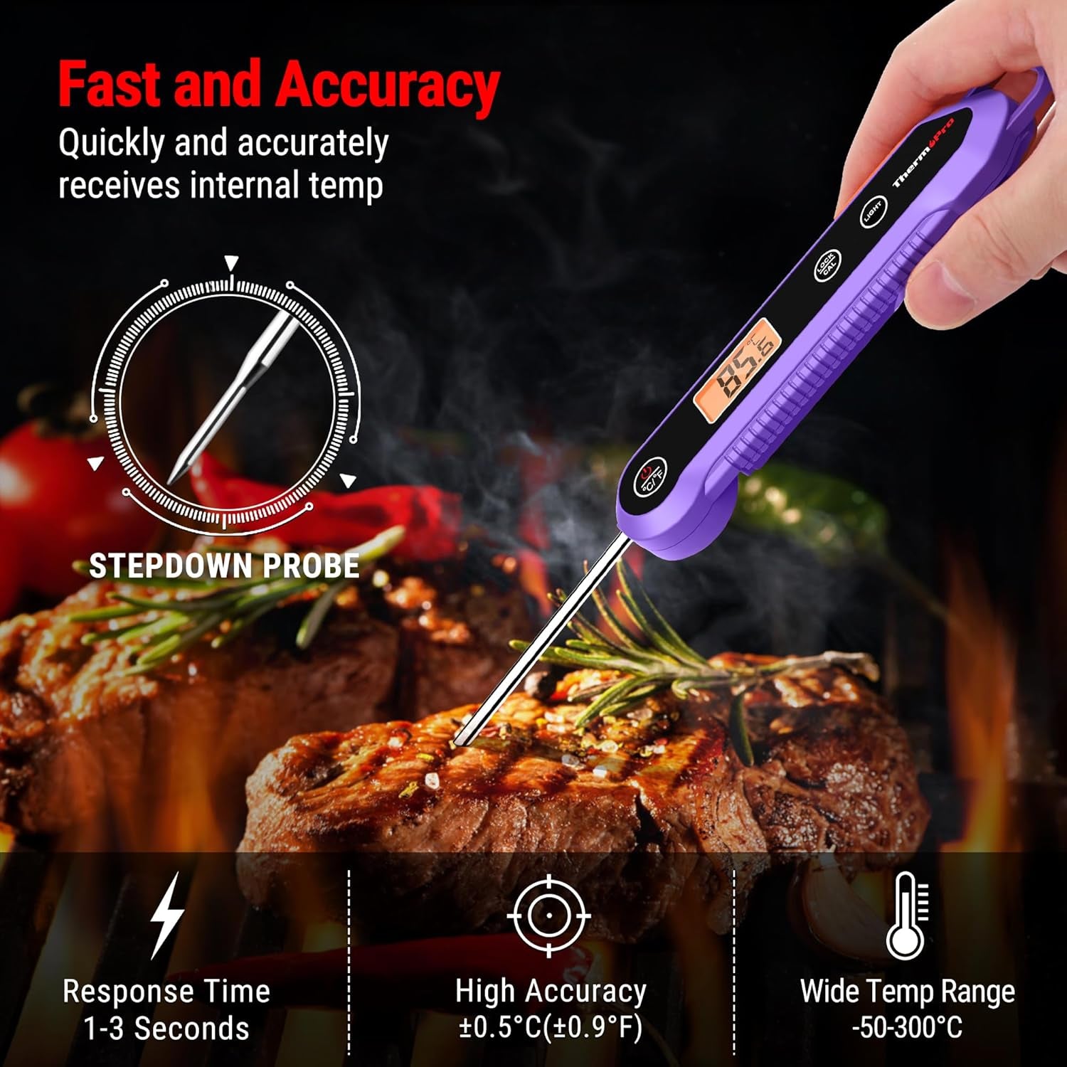 Food Thermometer, IPX6 Waterproof Cooking Thermometer Foldable Probe with Backlight/Calibration/Lock Fuction, Kitchen Digital Instant Read Use for Chicken, Beef, Fish, Pork, Ham, Purple