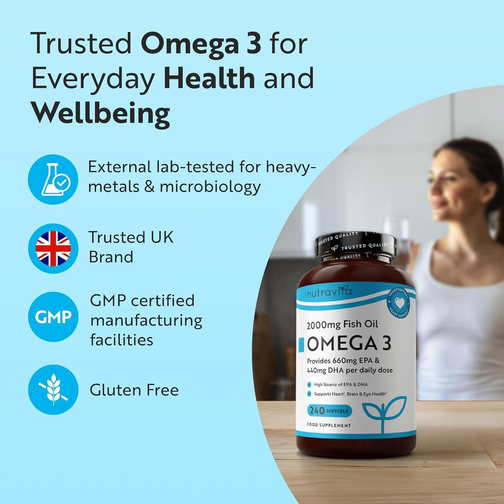 Omega 3 Capsules High Strength 2000Mg with 660Mg EPA & 440Mg DHA - 240 Softgel Omega 3 Fish Oil Capsules for 4 Months of Supply - Heart, Brain & Vision - Fish Oil Supplements