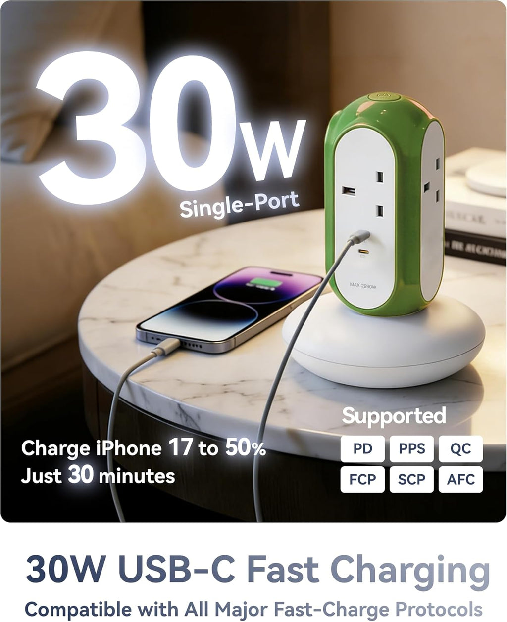 Tower Extension Lead with USB Slots (2 USB-C 30W PD/PPS), 3 Gang 2990W 13A Plug Extension Socket, 1420J Surge Protected, Switched, 2M Extension Cable, Flame Retardant V0 Housing