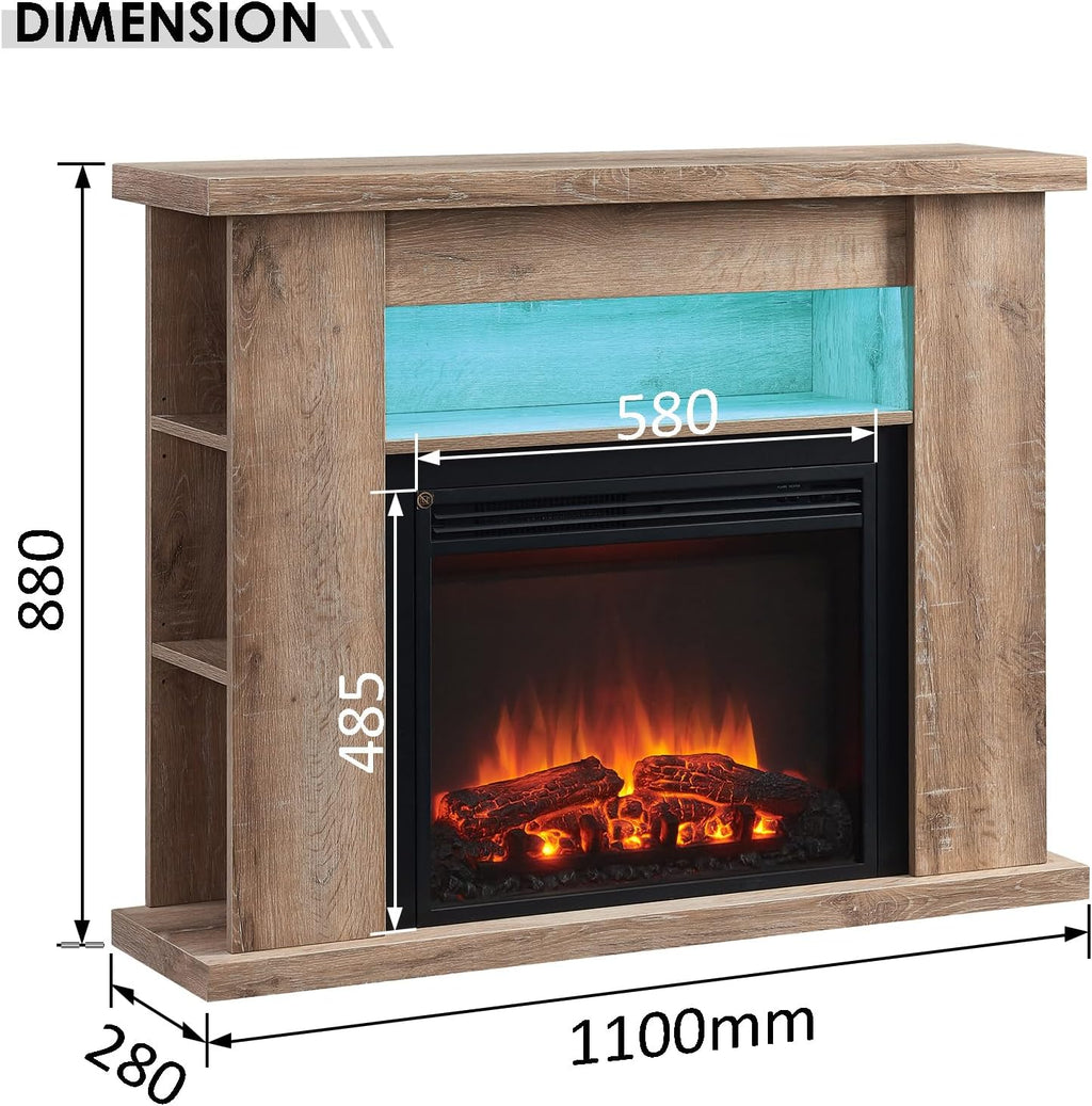 43" Lipson Electric Fireplace Suite Rustic Light Oak Colour with Storage Shelves Includes 2Kw Heater with Glass Fronted Flame Effect, Remote