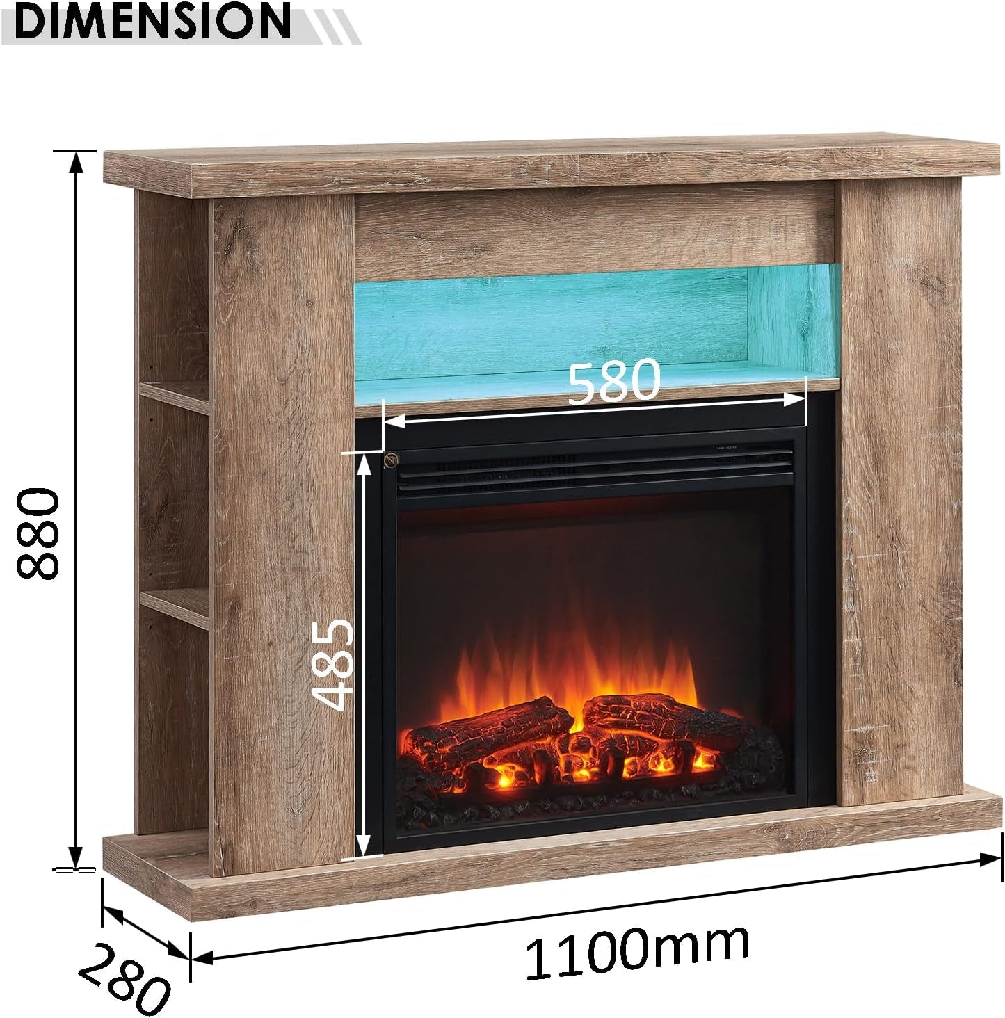 43" Lipson Electric Fireplace Suite Rustic Light Oak Colour with Storage Shelves Includes 2Kw Heater with Glass Fronted Flame Effect, Remote