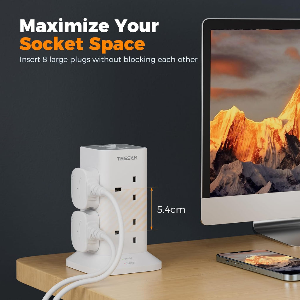 Tower Extension Lead with USB C Slots, 8 Way Plug Extension Socket with Switch, Surge Protected Power Strip with 2M Cable for Home, School Supplies