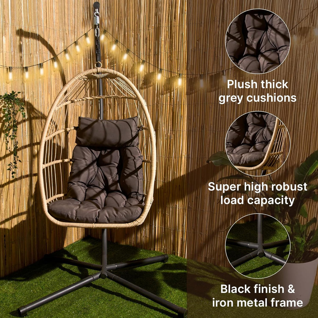 Hanging Egg Chair, Rattan Swing Chair Wicker Hammock with Stand Garden Swing Indoor Outdoor Patio Furniture Relaxing Comfy Foldable Egg Chair with Cushion Included, Natural Beige