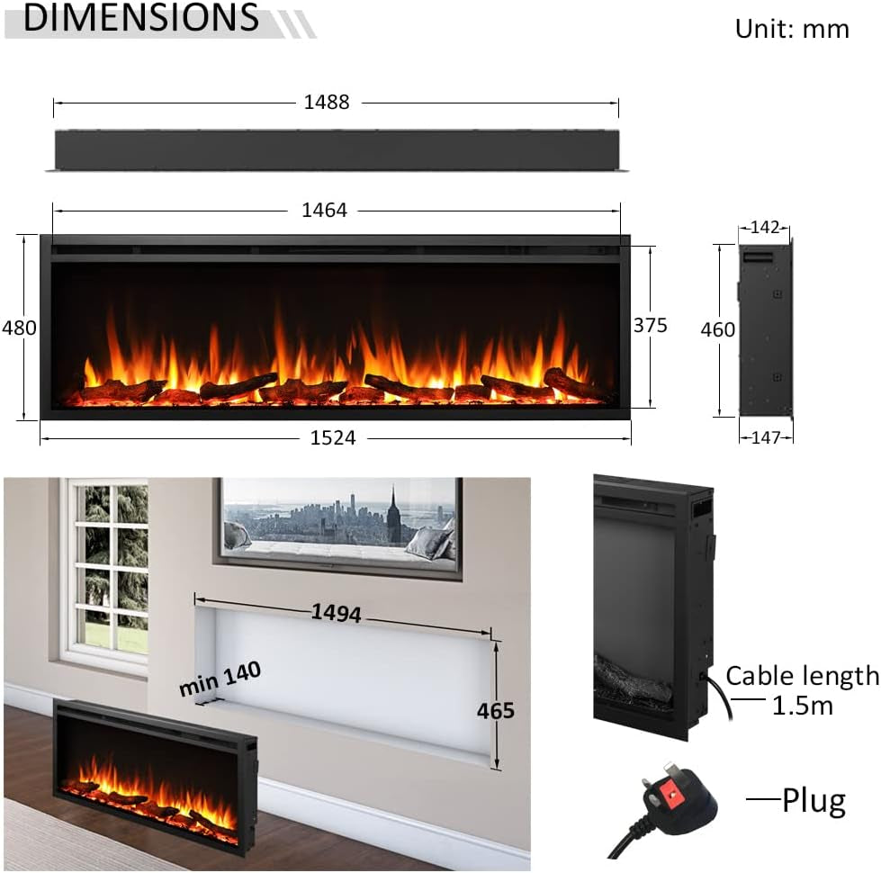 60"/152Cm Castello Slim Frame Recessed Media Wall Inset Electric Fireplace with Multi Flame Colours 750W/1500W