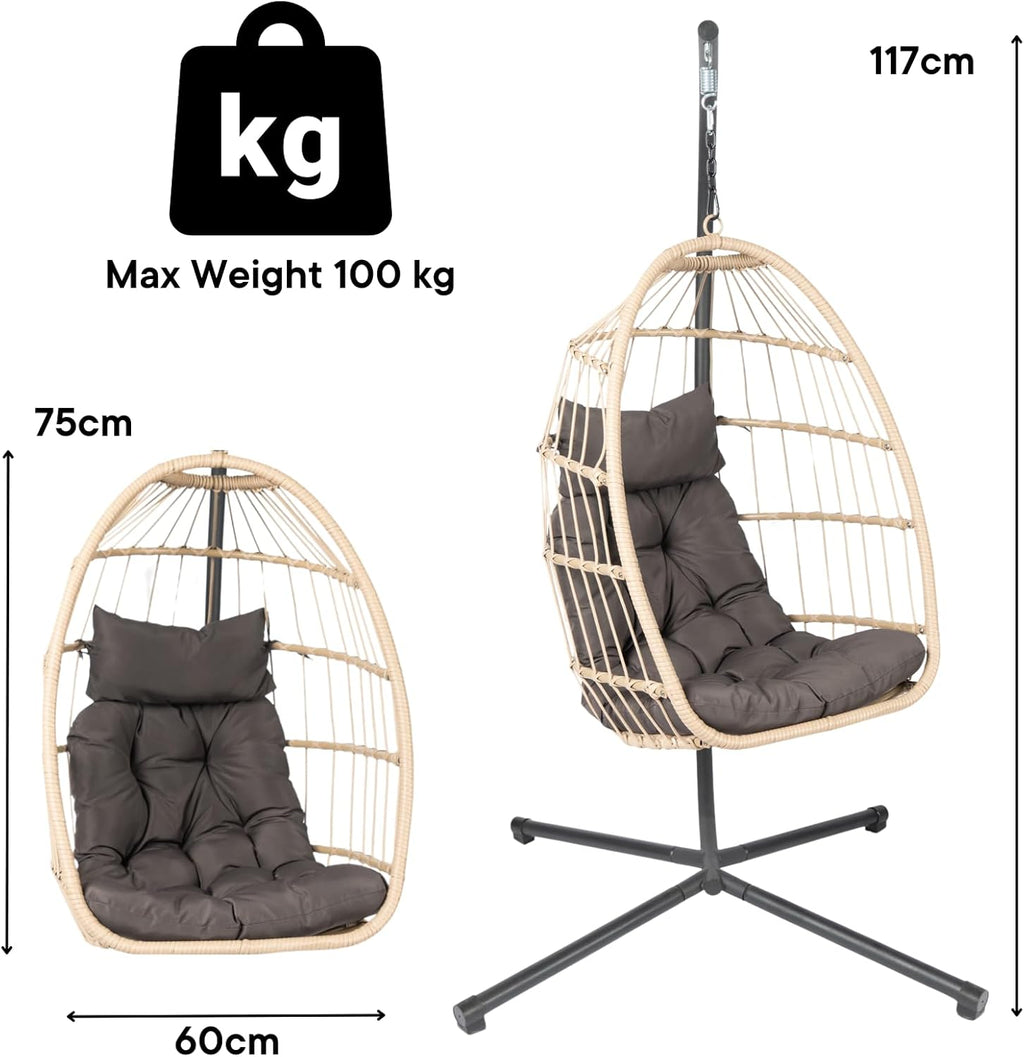 Hanging Egg Chair, Rattan Swing Chair Wicker Hammock with Stand Garden Swing Indoor Outdoor Patio Furniture Relaxing Comfy Foldable Egg Chair with Cushion Included, Natural Beige