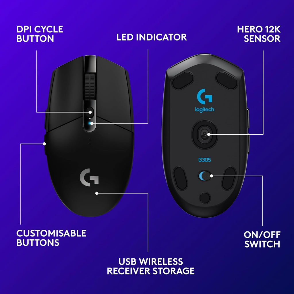 305 LIGHTSPEED Wireless Gaming Mouse, HERO 12K Sensor, 12,000 DPI, Lightweight, 6 Programmable Buttons, 250H Battery Life, On-Board Memory, Pc/Mac - Black