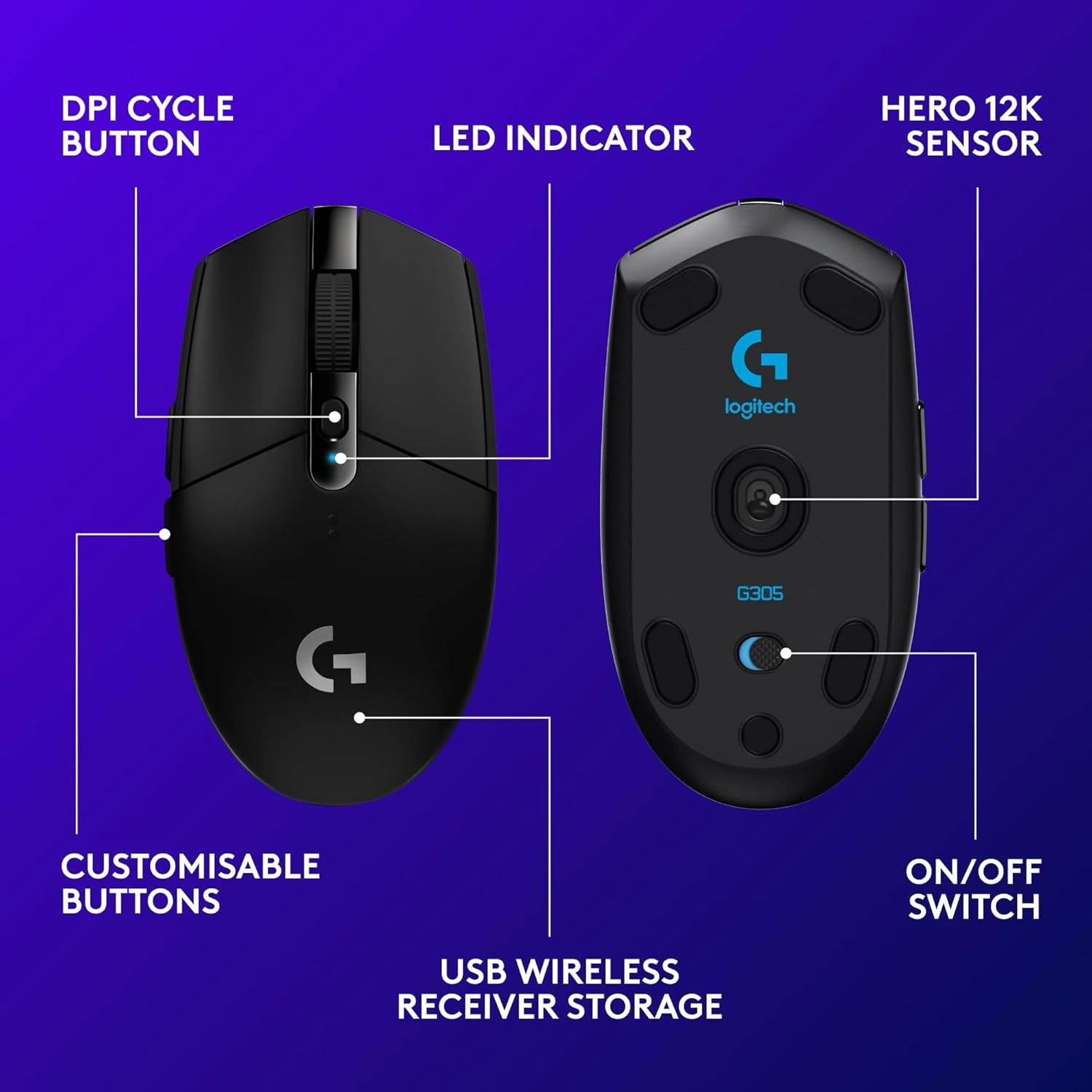305 LIGHTSPEED Wireless Gaming Mouse, HERO 12K Sensor, 12,000 DPI, Lightweight, 6 Programmable Buttons, 250H Battery Life, On-Board Memory, Pc/Mac - Black