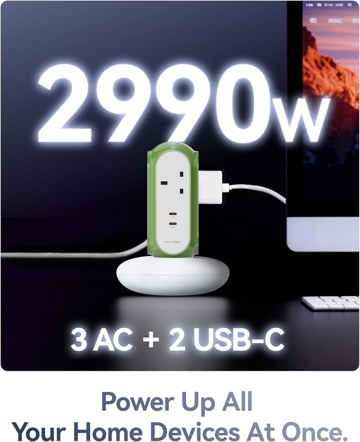 Tower Extension Lead with USB Slots (2 USB-C 30W PD/PPS), 3 Gang 2990W 13A Plug Extension Socket, 1420J Surge Protected, Switched, 2M Extension Cable, Flame Retardant V0 Housing