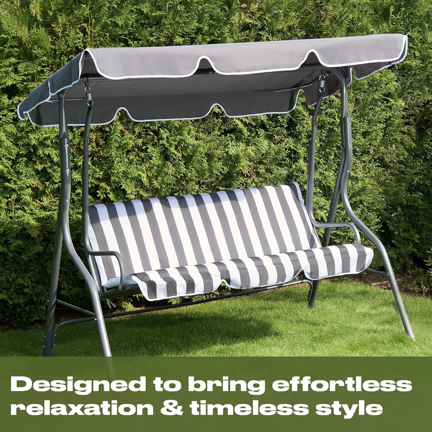 Garden Swing Bench, 3 Seater Swing Seat Outdoor with Adjustable Canopy & Cushioned Seats Relaxing Comfy Outdoor Patio Hammock Bench, Grey/White Stripe