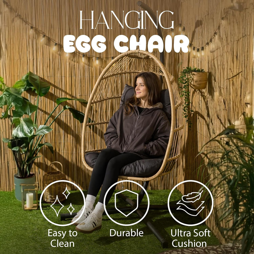 Hanging Egg Chair, Rattan Swing Chair Wicker Hammock with Stand Garden Swing Indoor Outdoor Patio Furniture Relaxing Comfy Foldable Egg Chair with Cushion Included, Natural Beige