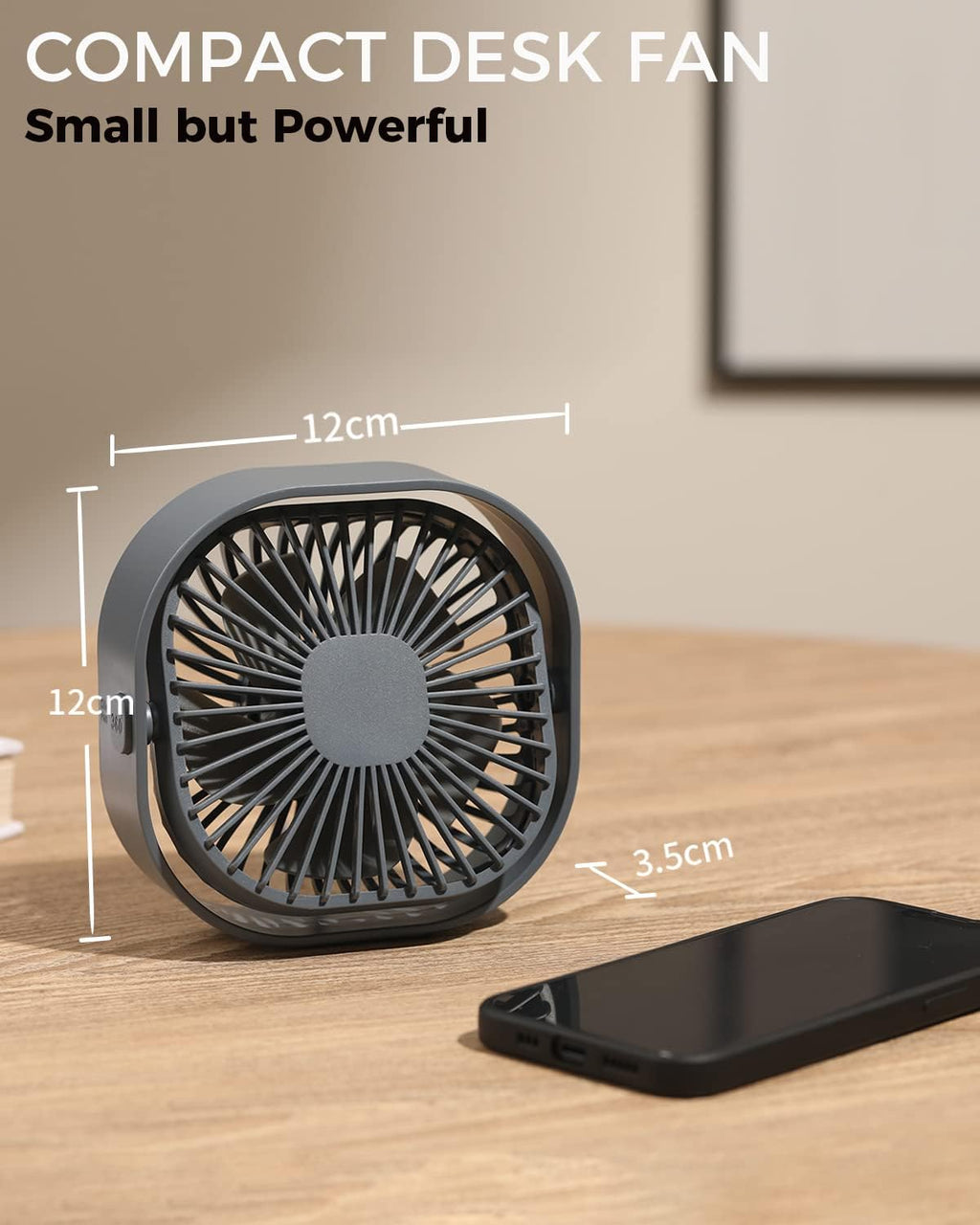 Desk Fan USB Small Fans for Desktop Table Bedside, Mini Desk Accessories for Home Office Bedroom Car Greenhouse Kitchen, Powerful Silent Bed Fan, 3 Speeds Wind Strong Airflow to Dog Crate Greenhouse