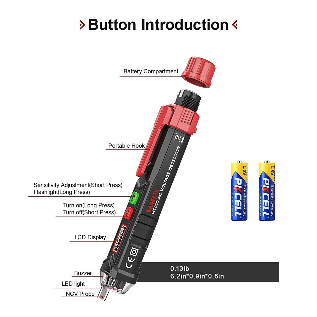 HT100 Voltage Tester, Dual-Range 12V-1000V/48V 1000V Non-Contact Electrical Tester, Voltage Sensitivity Electric Compact Pen with NCV, LED Flashlight, Buzzer Alarm, Wire Breakpoint Finder