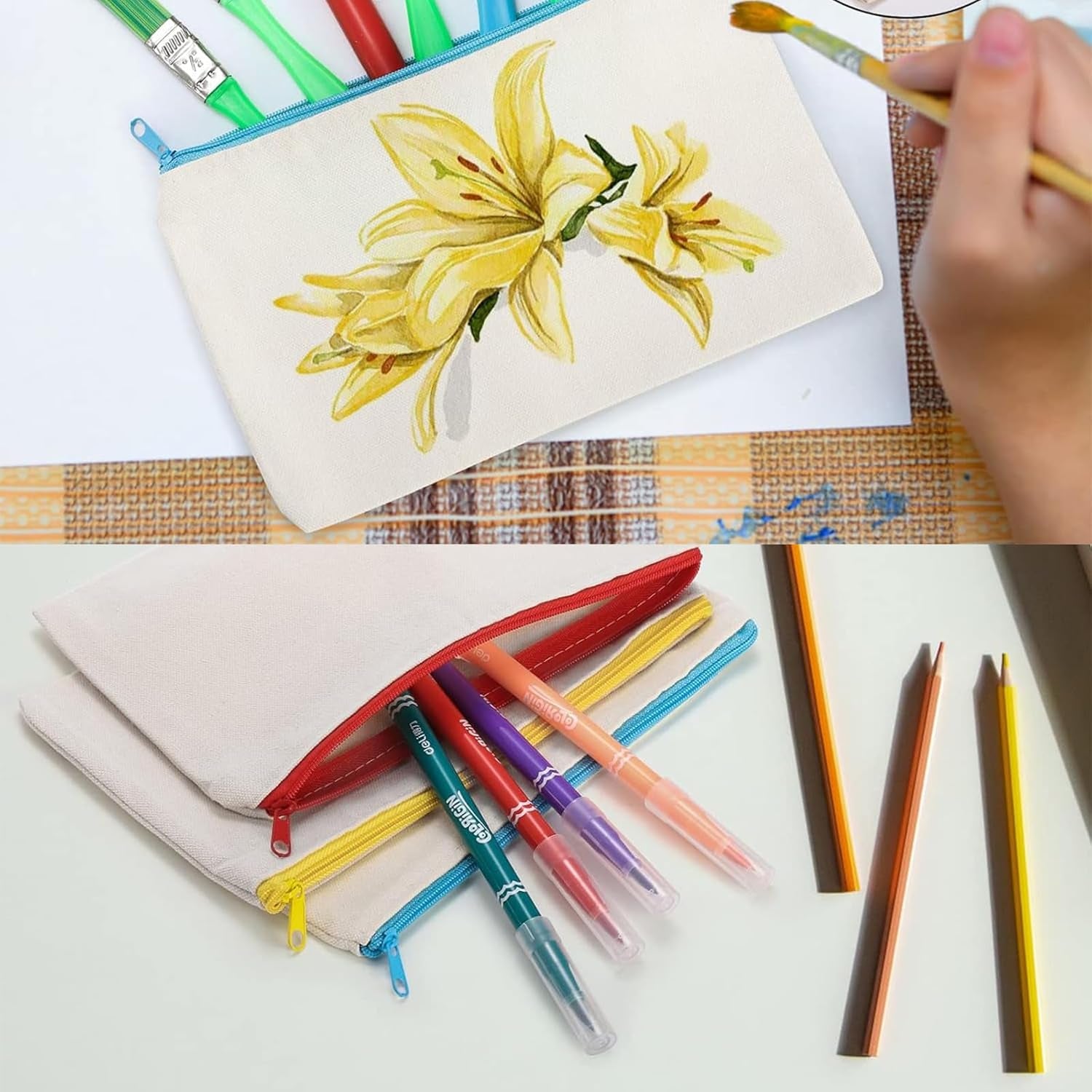DIY Blank Fabric Bag,12 Pieces Pencil Case for Painting,Bag for Painting Children,Canvas Cosmetic Bag, Pencil Case for Work School Travelling, 21 X 12 Cm