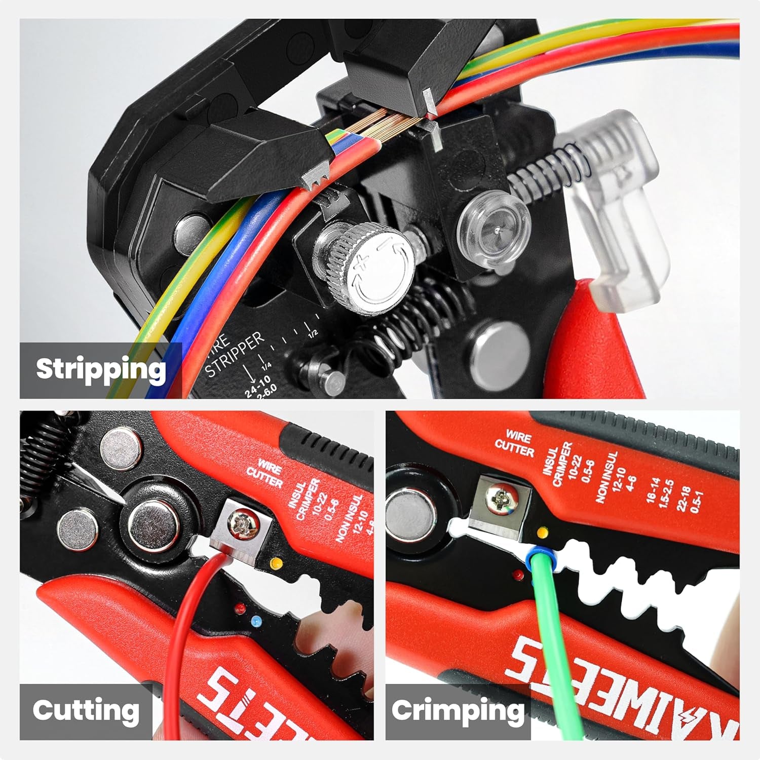Wire Strippers Electrical, 3 in 1 Wire Cutters, Electrical Tools Terminal Crimper for Electricians, Circuit, Distribution Box Repair, AWG 10-22, Pressure Adjust Rotary Switch, SK5 Cutter