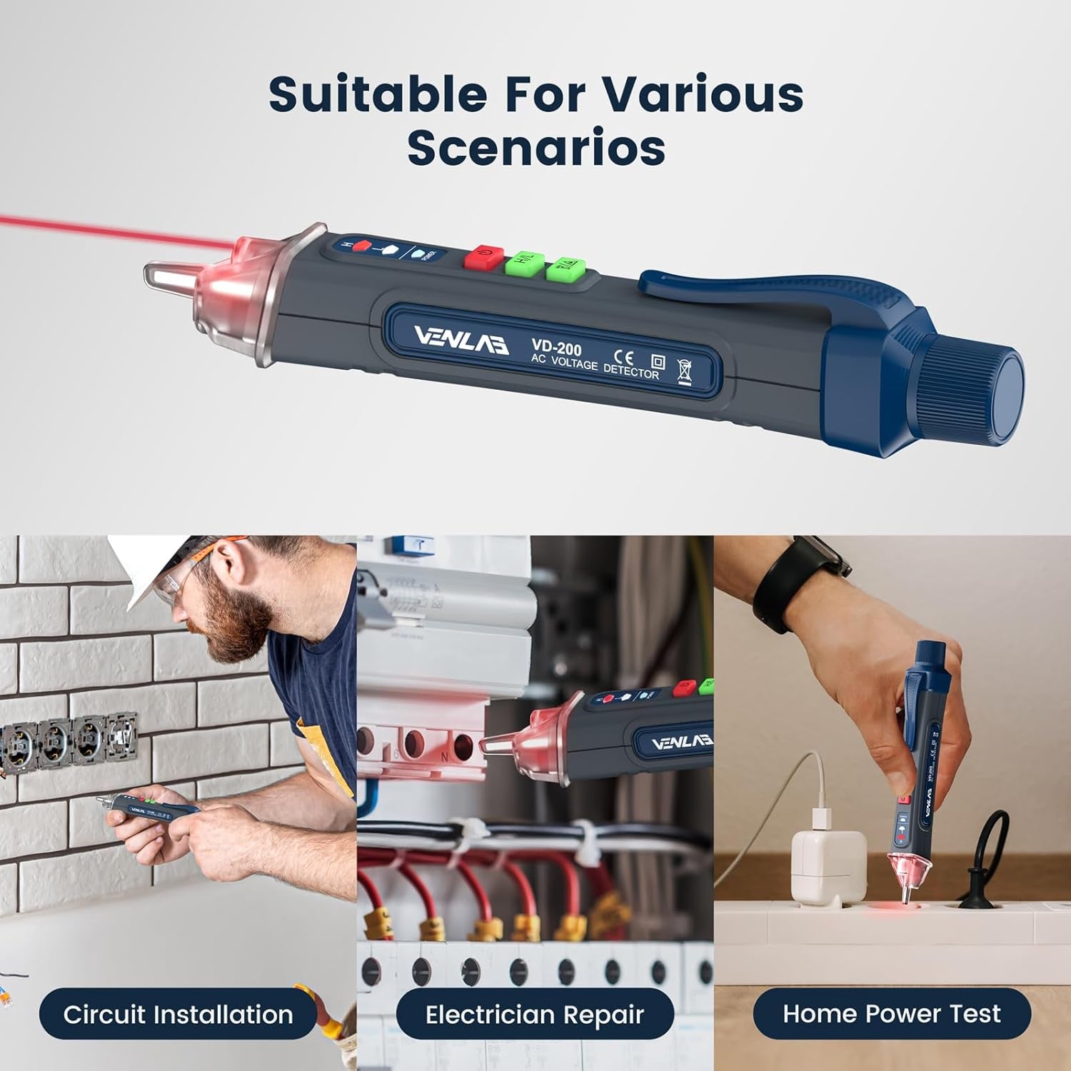 Voltage Tester VD200, 12V-1000V/48V-1000V Dual Range Non-Contact Electric Tester, Sensitivity Electrical Voltage Pen Indicator Light with NCV, Flashlight, Buzzer Alarm, Wire Breakpoint Finder
