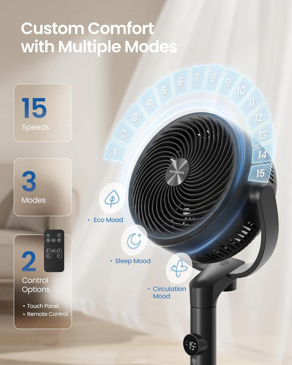 Standing Fan for Bedroom, 20 Db Quiet Pedestal Fan with Remote, Cooling Air Circulator, 120°+135° Oscillating, 15 Speeds, 15 H Timer, 3 Modes, Adjustable Height, Ink Black XFC002B1UK