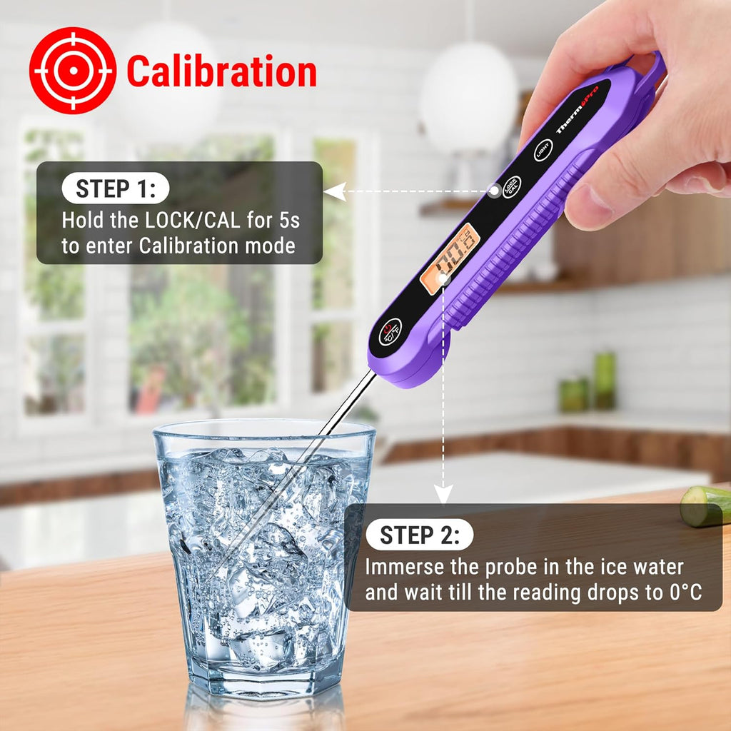Food Thermometer, IPX6 Waterproof Cooking Thermometer Foldable Probe with Backlight/Calibration/Lock Fuction, Kitchen Digital Instant Read Use for Chicken, Beef, Fish, Pork, Ham, Purple
