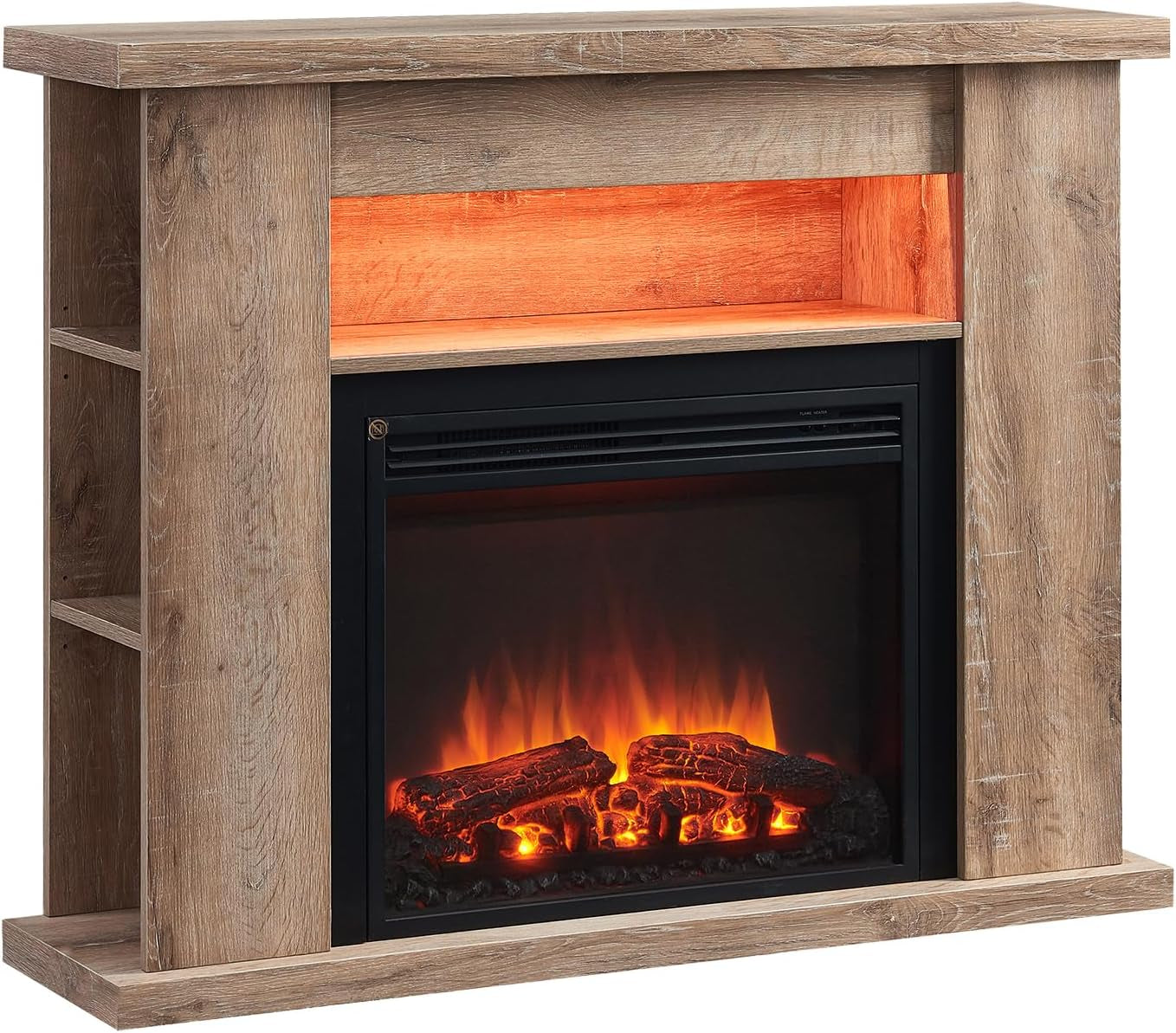43" Lipson Electric Fireplace Suite Rustic Light Oak Colour with Storage Shelves Includes 2Kw Heater with Glass Fronted Flame Effect, Remote