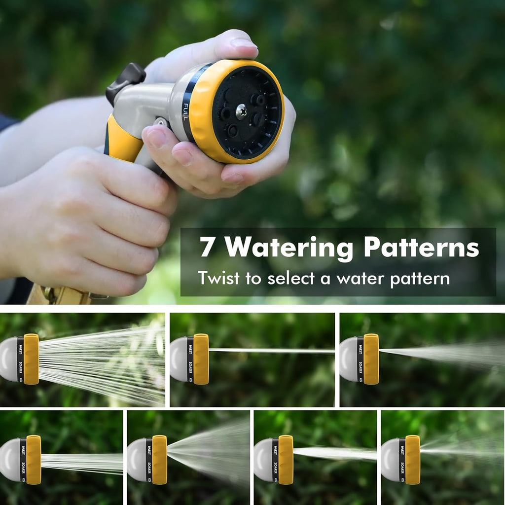 Hose Pipe Spray Gun, Heavy Duty Garden Hose Spray Gun, High Pressure Hose Nozzle, Metal Hand Sprayer with 7 Patterns and Water Flow Control, Ideal to Water Plant & Lawn, Wash Car & Pet, Yellow