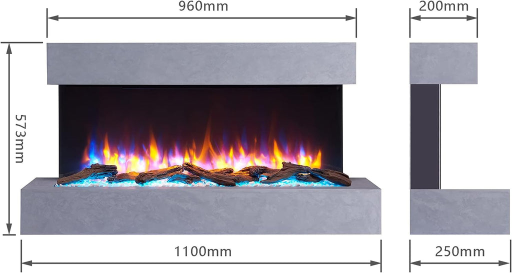 Kingston Wall Mounted Electric Fireplace up to 60" with 3 Flame Colours and 13 Mood Lighting Options 1.5Kw Heater (43" Cement Grey)
