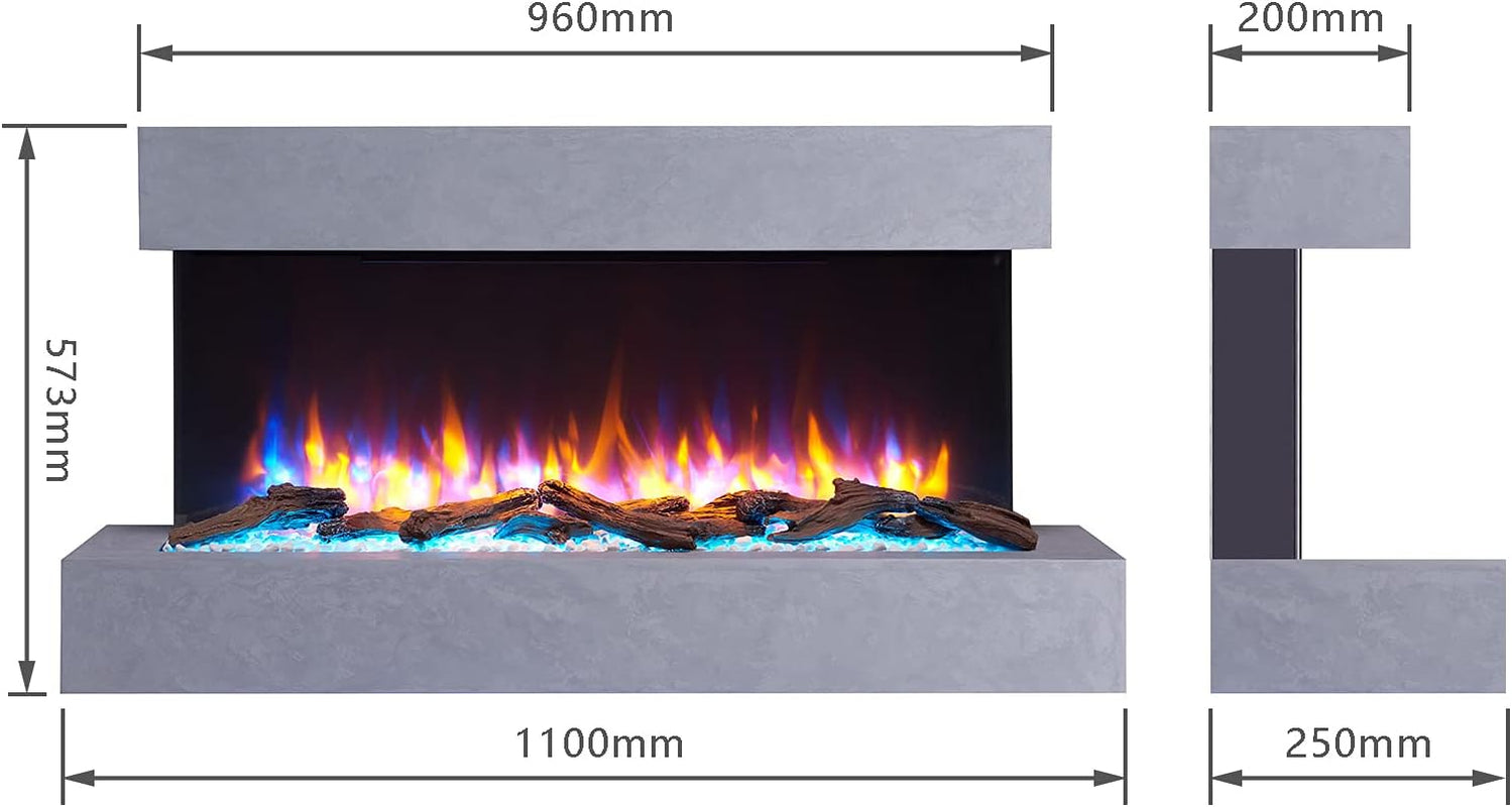 Kingston Wall Mounted Electric Fireplace up to 60" with 3 Flame Colours and 13 Mood Lighting Options 1.5Kw Heater (43" Cement Grey)