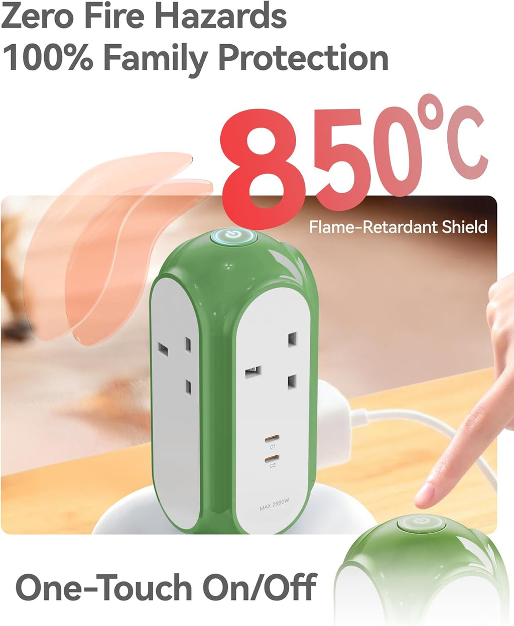 Tower Extension Lead with USB Slots (2 USB-C 30W PD/PPS), 3 Gang 2990W 13A Plug Extension Socket, 1420J Surge Protected, Switched, 2M Extension Cable, Flame Retardant V0 Housing