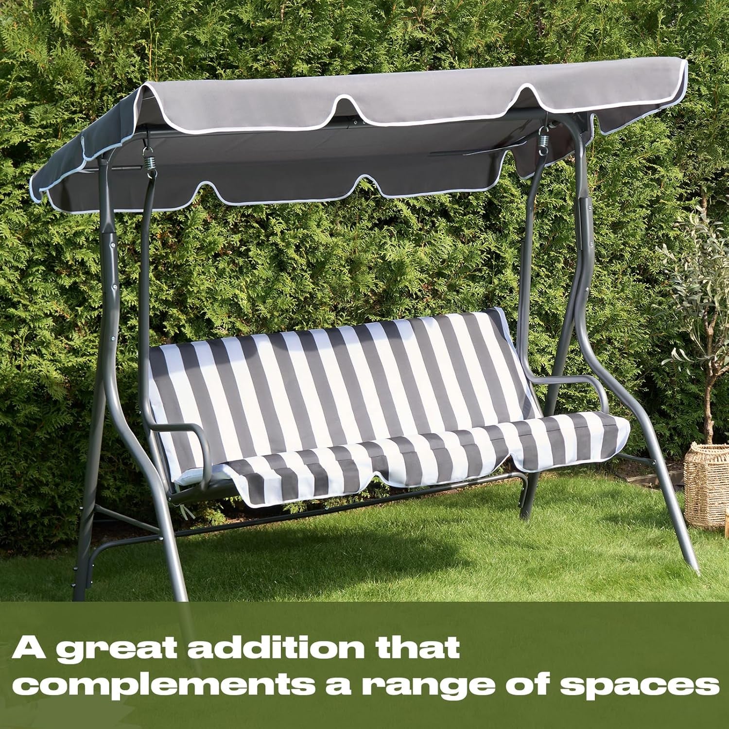 Garden Swing Bench, 3 Seater Swing Seat Outdoor with Adjustable Canopy & Cushioned Seats Relaxing Comfy Outdoor Patio Hammock Bench, Grey/White Stripe
