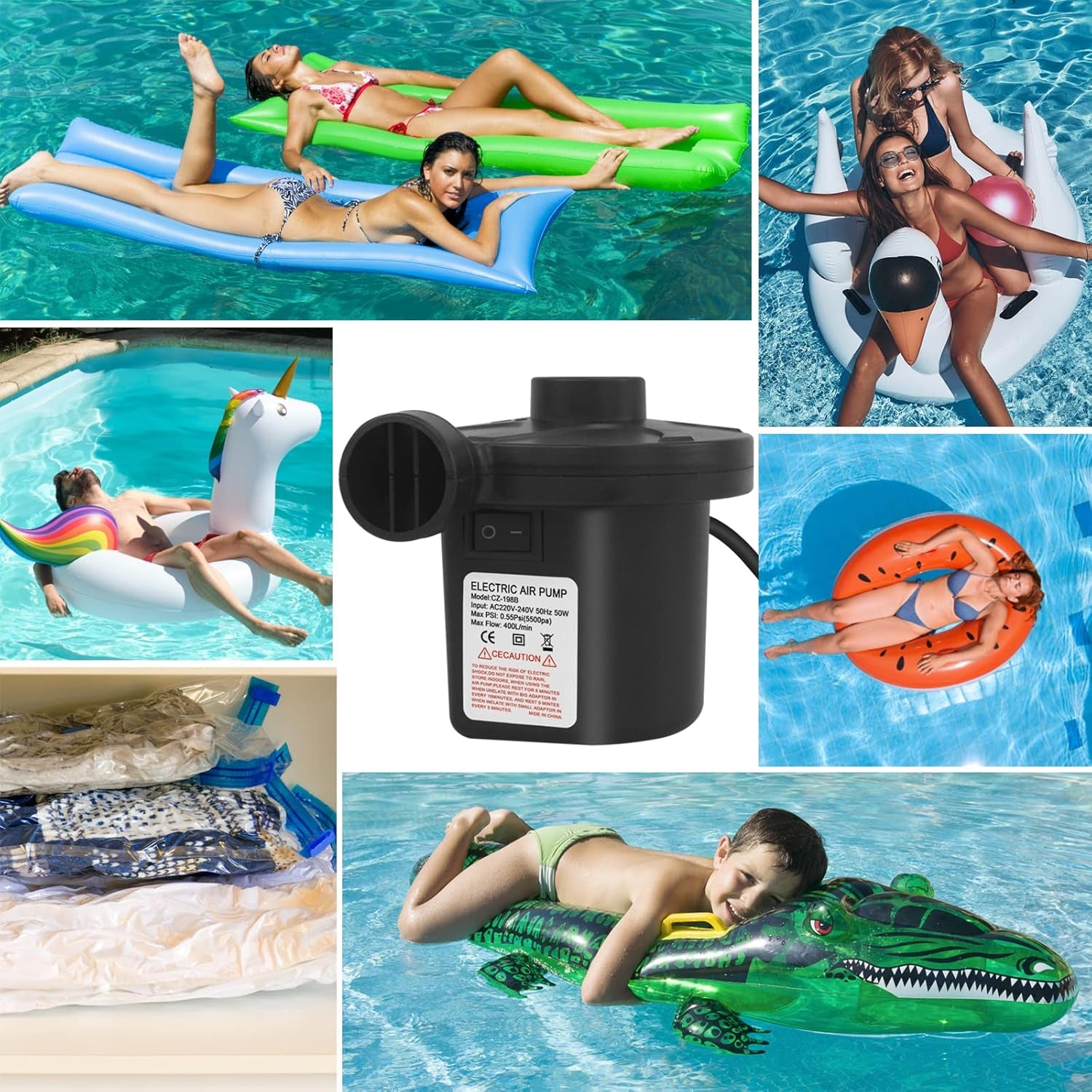 Electric Air Pump, 220V AC/50W 50/60Hz Portable Quick Fill AC Inflator Deflator with 3 Nozzles Pump for Bed Mattress Inflatables Paddling Pool Beach Toys