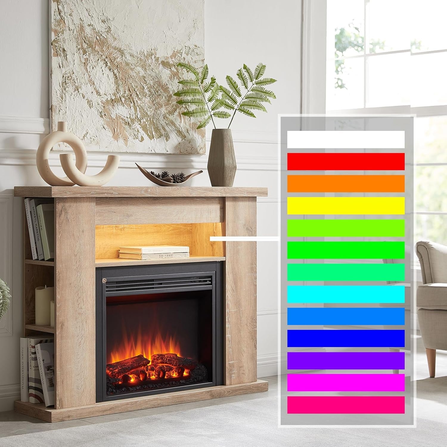 43" Lipson Electric Fireplace Suite Rustic Light Oak Colour with Storage Shelves Includes 2Kw Heater with Glass Fronted Flame Effect, Remote